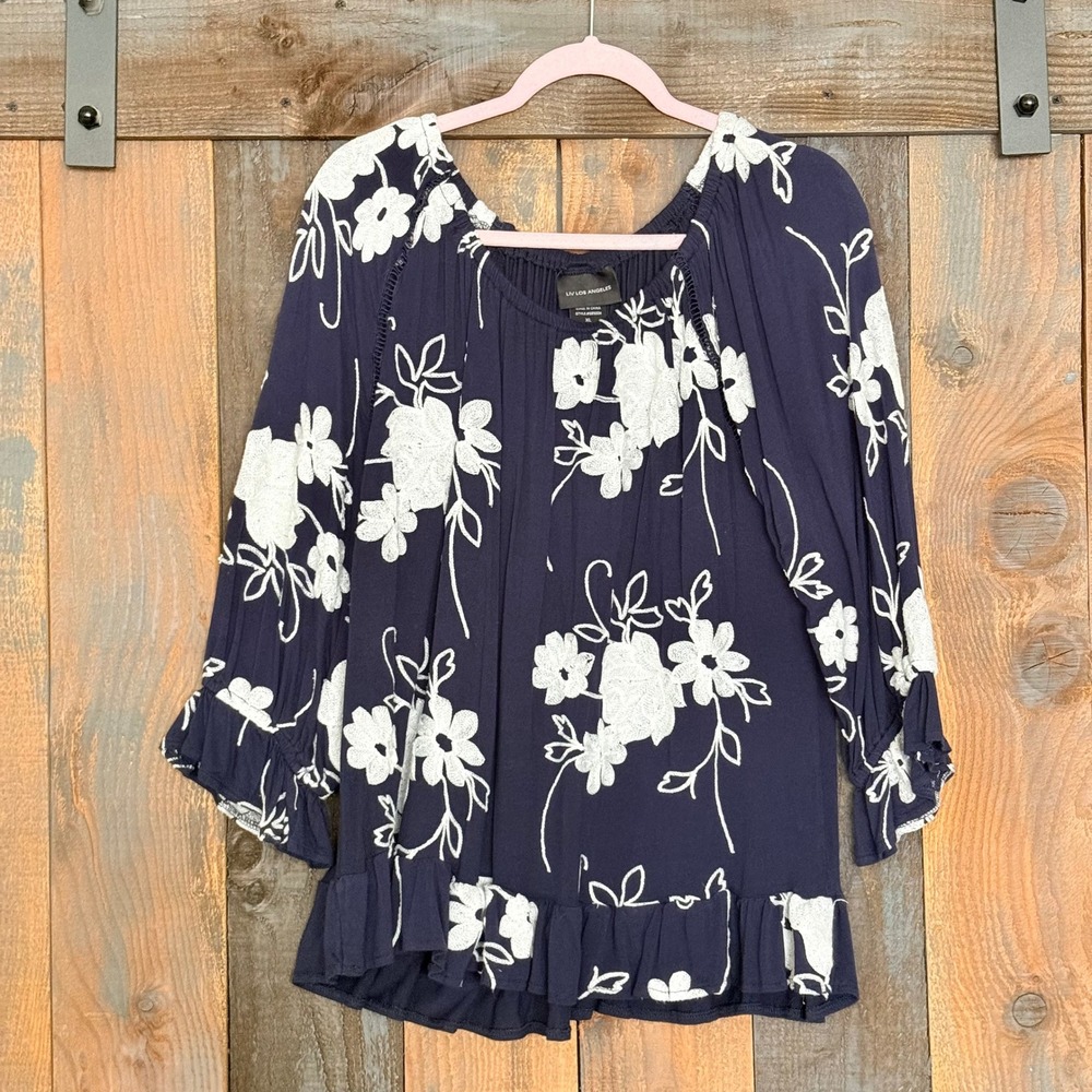 Liv Los Angeles‎ Navy Blue Floral Embroidered Ruffle Blouse XL